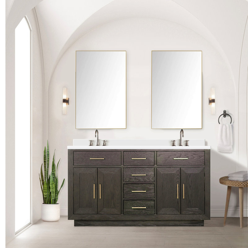 Oak Double Bath Vanity 60 In. W X 22 In. D, Gold, Brown