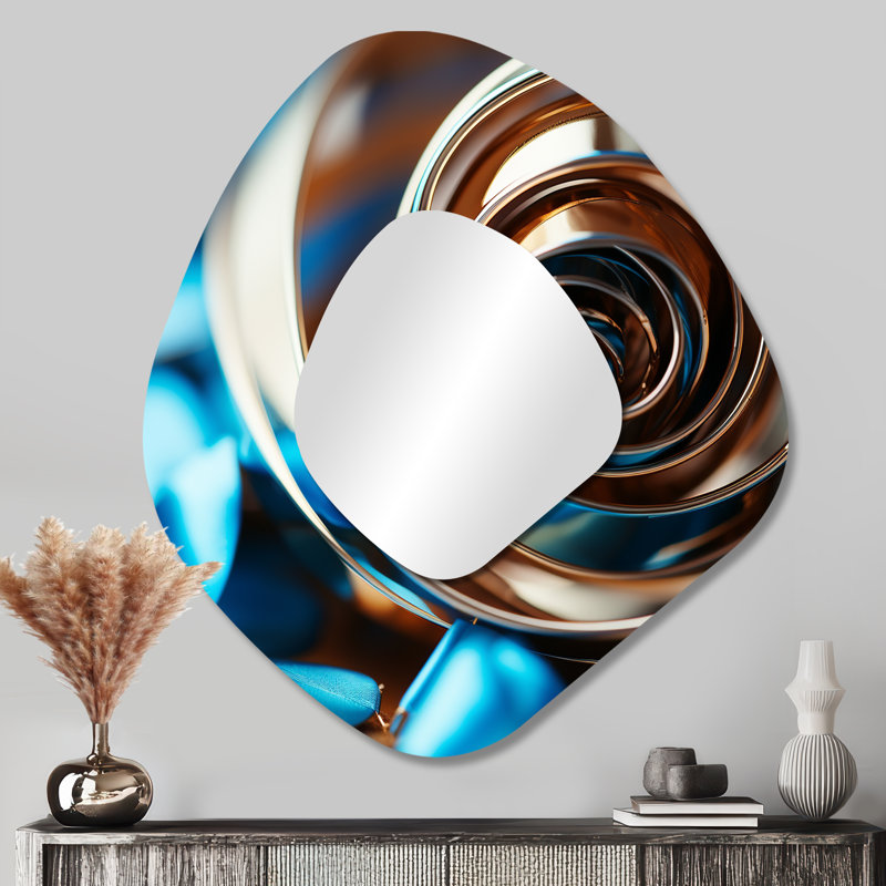 Ayaan or et bleu spirale abstraite tranquillité - grand miroir asymétrique spirales abstraites, décor de miroir mural unique de forme irrégulière moderne, impression d'art en métal