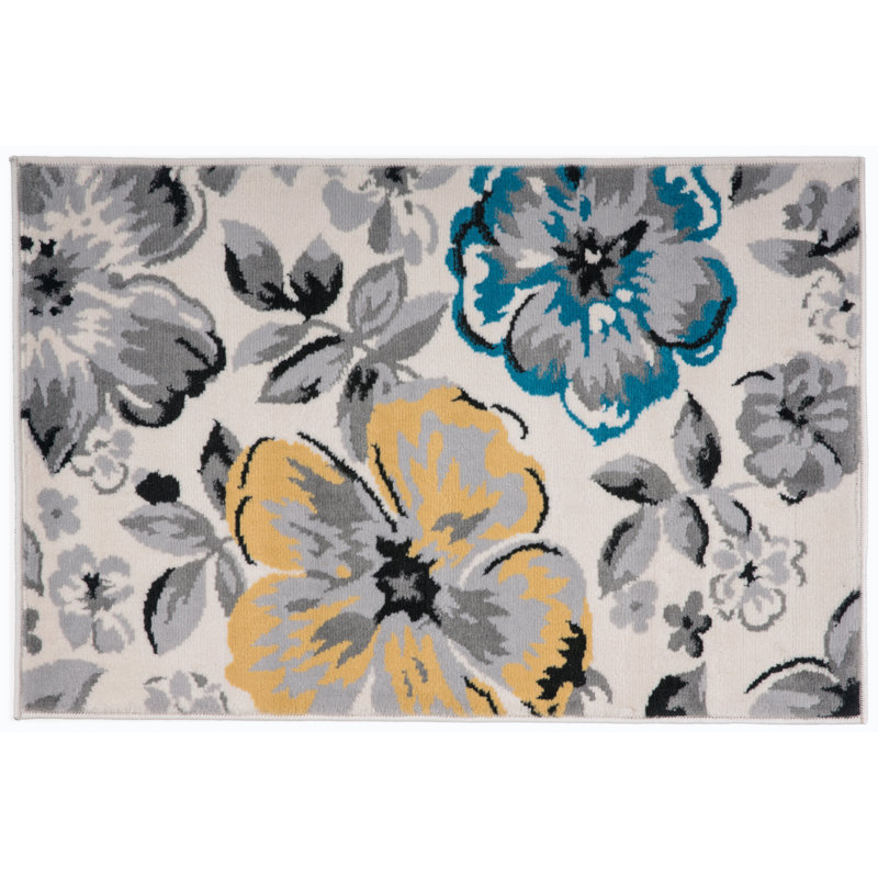 Modern Floral Cream/Yellow/Blue Performance Area Rug, Rectangle 3' x 5'