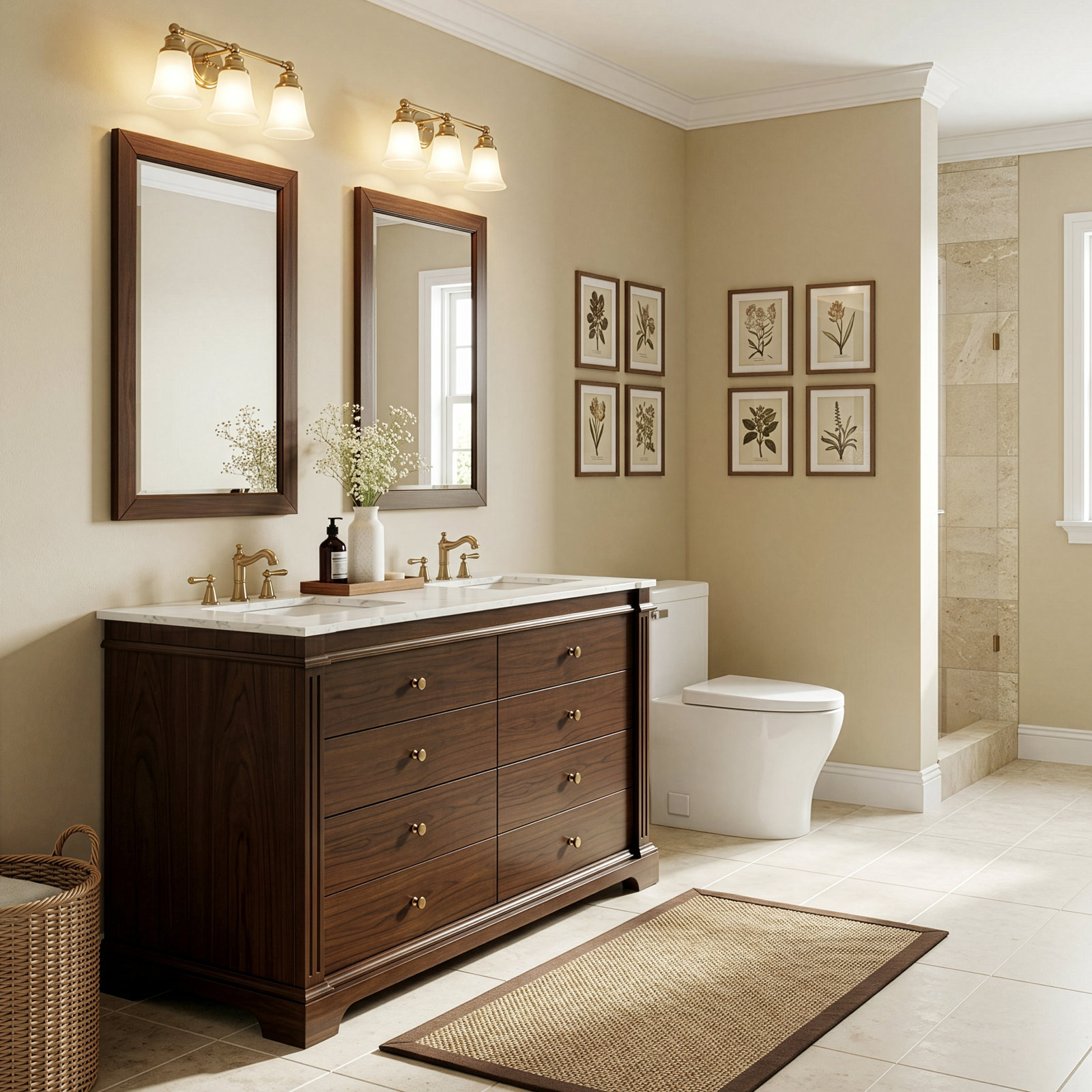 Garza 60" Carrara Marble Double Bathroom Vanity, Walnut Brown
