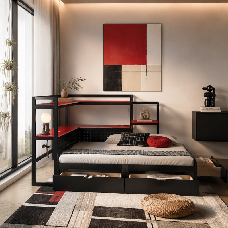 Lit de jour avec bureau intégré et lumière DEL, cadre de lit en bois avec tiroirs de rangement et station de charge intégrée