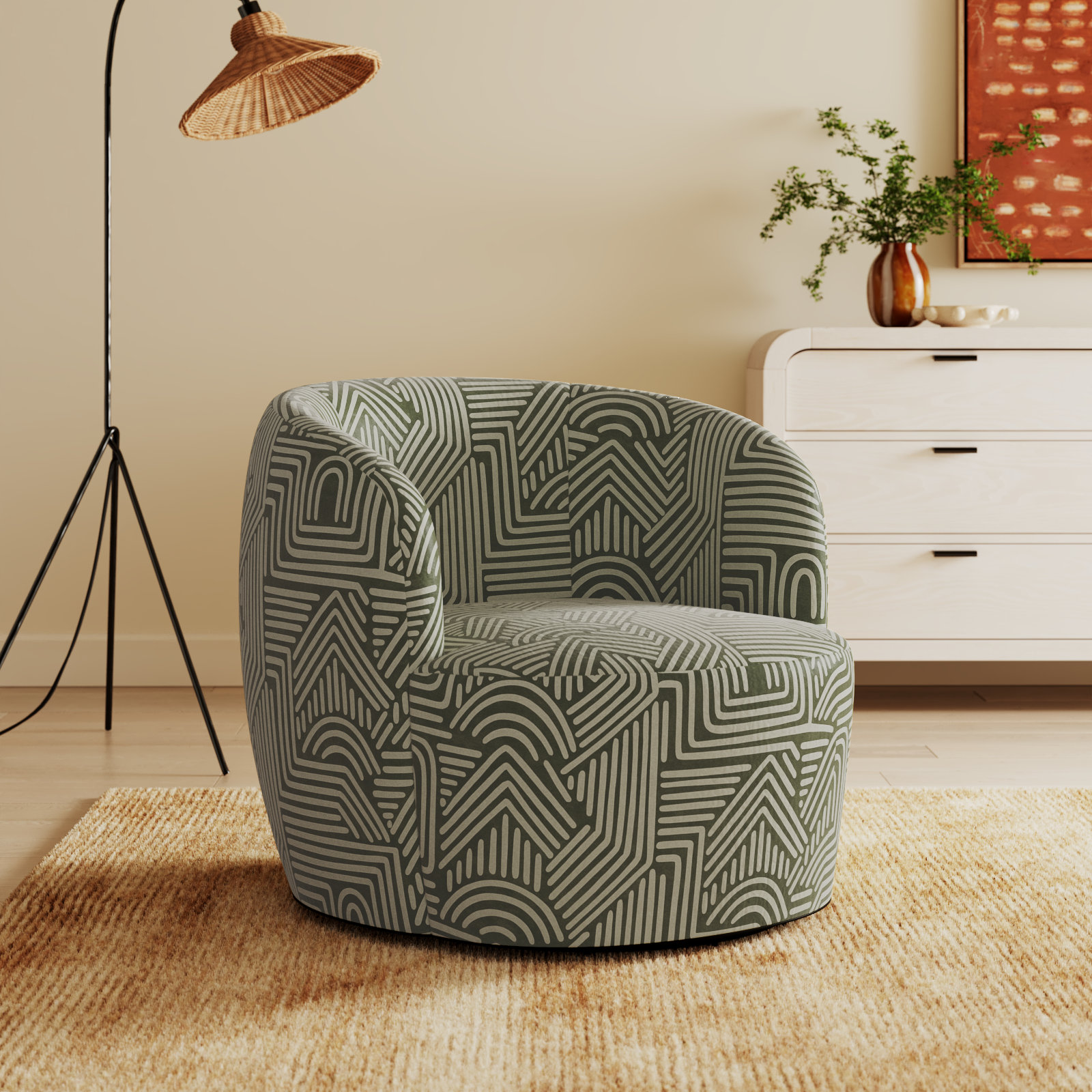 Mina Swivel Barrel Chair, Freeform Moss