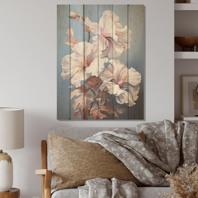 Bouquet de fleurs d'hibiscus rose tendre - art mural en bois d'hibiscus sur bois de pin naturel, H 20 po x l 10 po