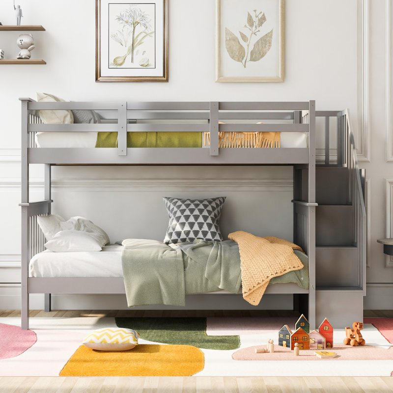 Au-dessus d'un lit superposé avec rangement et garde-corps, Gris, Lit simple
