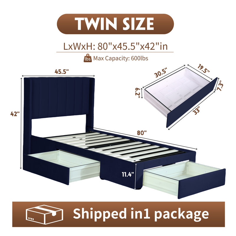Lit plateforme avec rangement Jeilyn, Bleu, Simple