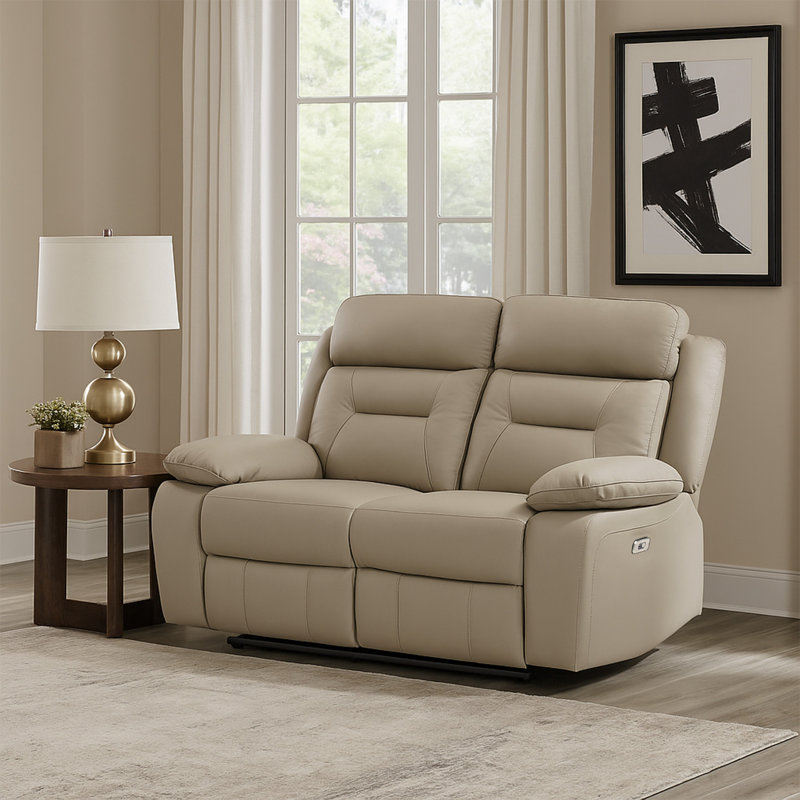 Causeuse inclinable Conia, cuir, USB, 63 po, Latté beige brun, Électrique - Bouton-poussoir