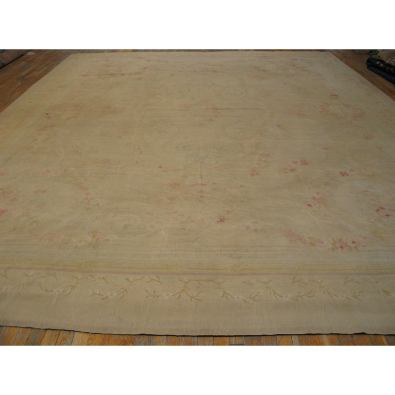 Light Cream Color Faded Rose Floral Design Antique French Aubusson Rug