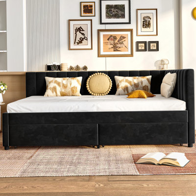 Full Size Daybed with Storage Drawers Upholstered Corner Bed with L Shaped Headboard Velvet Daybed Frame for Living Room Guest Room by Hokku Designs