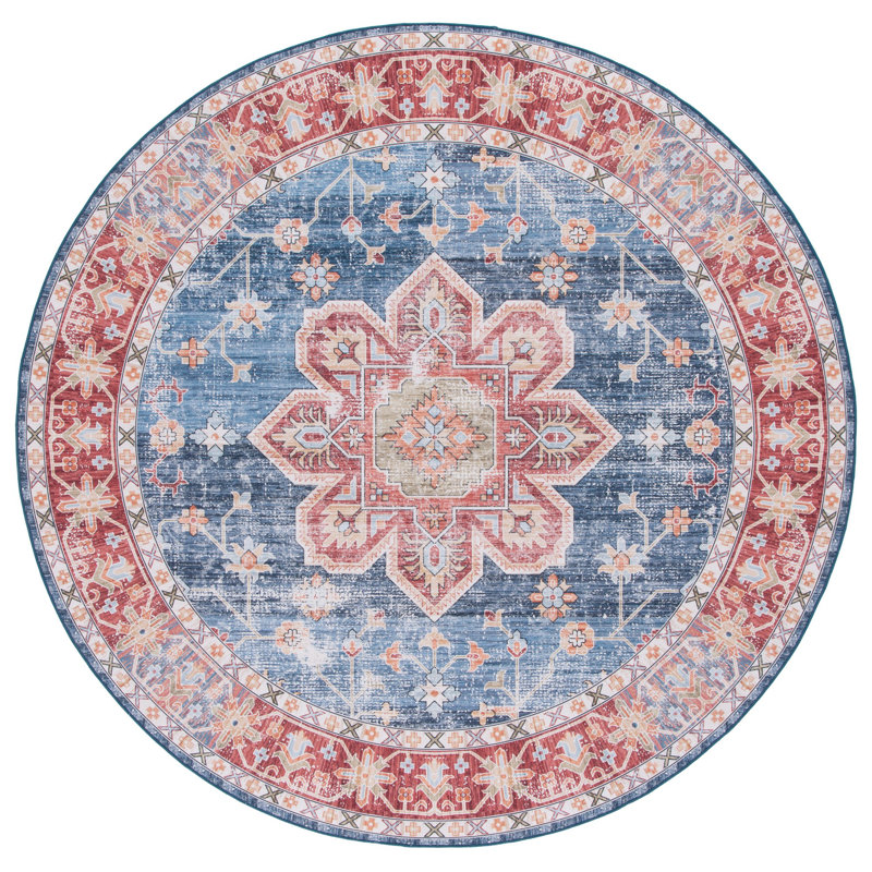 Deblois Oriental Blue/Rust Area Rug, Round 5'