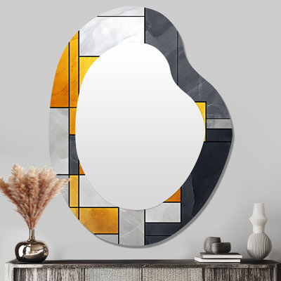 Jaune et gris géométrique Fusion I - miroir asymétrique géométrique, miroir mural unique de forme unique jaune, impression d'art en métal