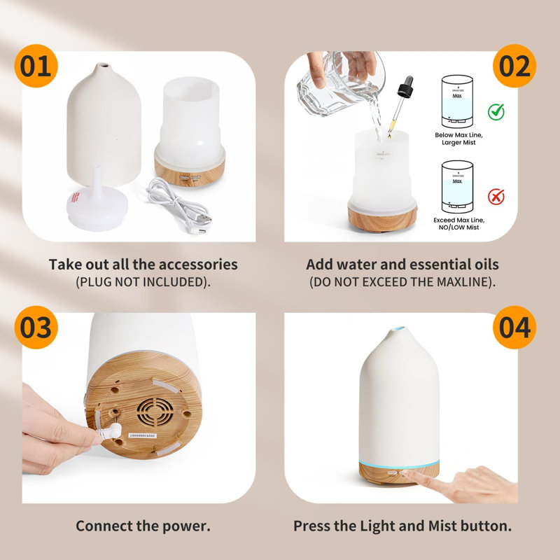 Diffuseur d'huiles essentielles en céramique 120 ML pour aromathérapie ultrasonique avec base à grain de bois, arrêt automatique des lumières DEL 7 couleurs, humidificateur pour la maison et le bureau, diffuseur d'air pour la détente