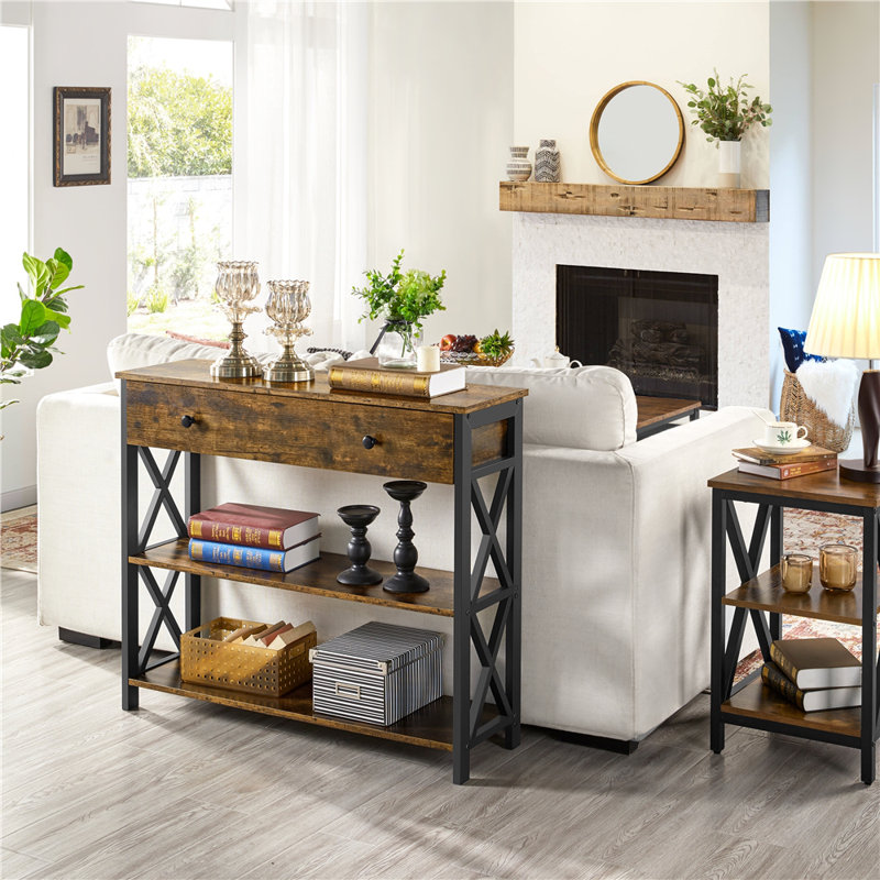 80cm Console Table with 1 Drawer and 2 Open Shelves, Rustic Brown