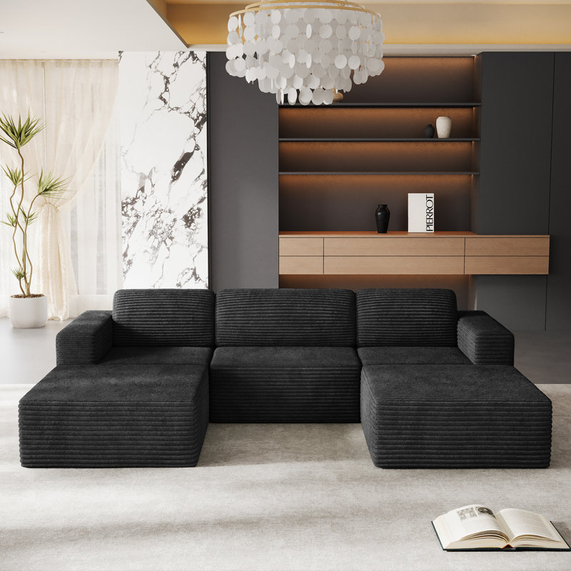Modular Corduroy 303cm 3-seater Sofa With 2 Ottomans, No Assembly Required, With High Rebound Sponge, Black