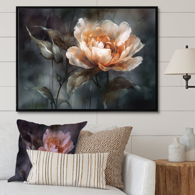 «Peach Flower» sur fond gris foncé - Impression sur toile encadrée de coquelicots