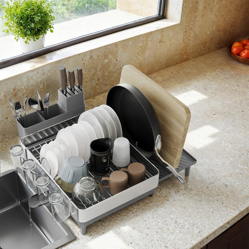 Égouttoir à vaisselle, séchoir à vaisselle extensible pour la cuisine avec bec réglable, porte-ustensiles