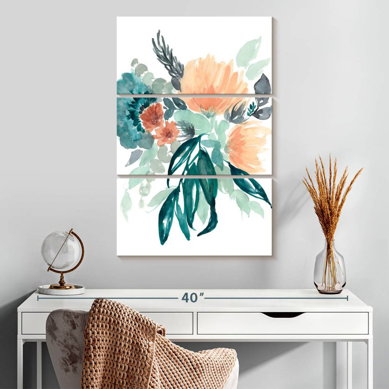 Bouquet Harnek bleu sarcelle et pêche I, H 32 po x l 20 po