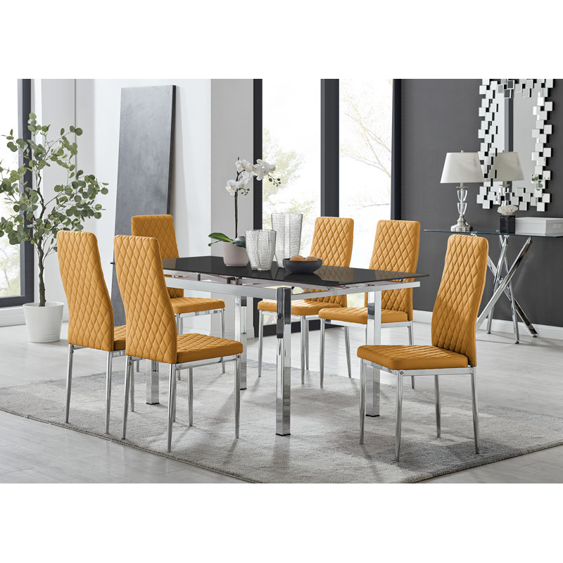 Tierra Modern Glass & Metal Extendable Dining Table Set & 6 Luxury Faux Leather Dining Chairs, Mustard/Silver