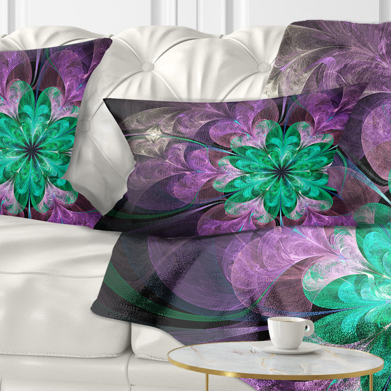 Glittering Purple Green Fractal Flower - Floral Printed Throw Pillow