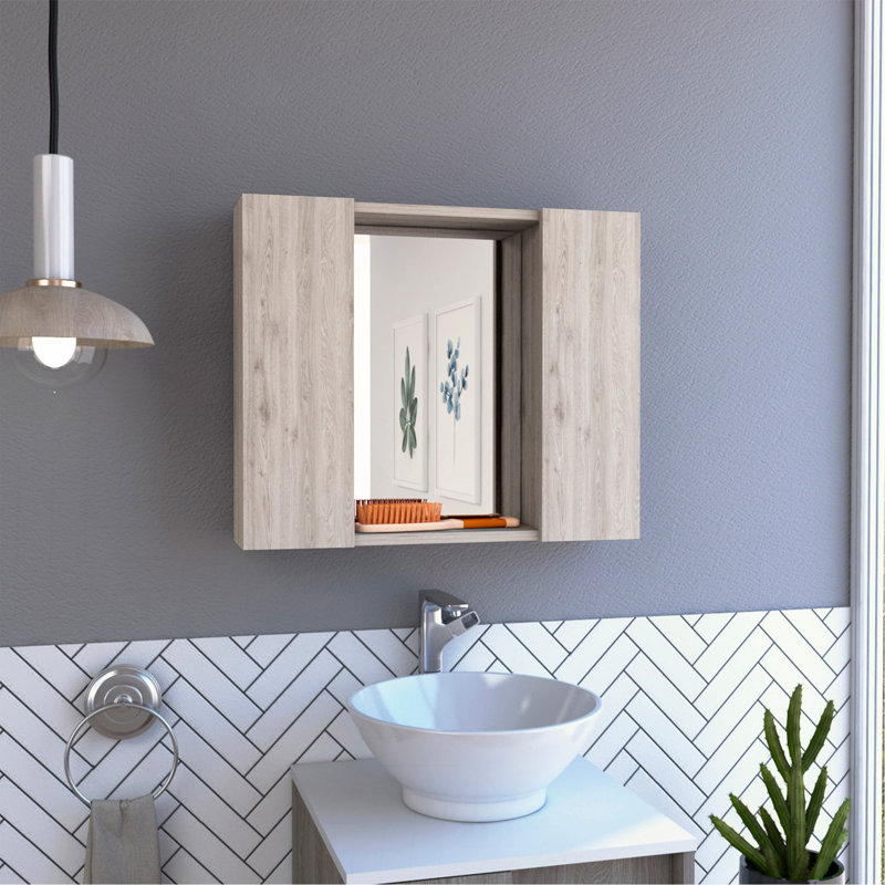 Medicine Cabinet, Double Door, Mirror, One External Shelf  -Light Gray, Gray