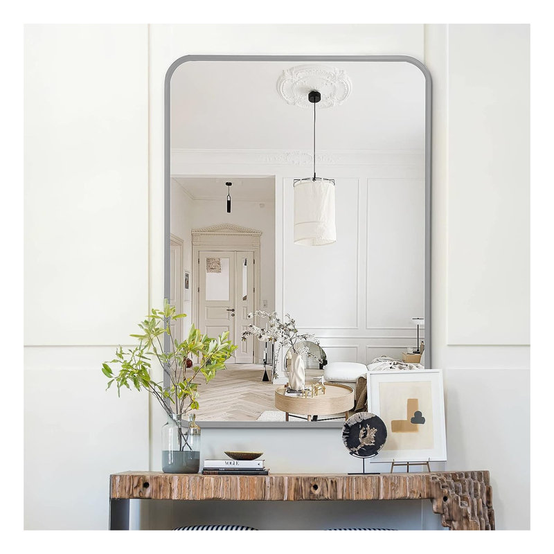 Miroir de salle de bain rectangulaire en métal argenté 22 po x 30 po - Miroir décoratif mural moderne pour meuble-lavabo, chambre à coucher, salon