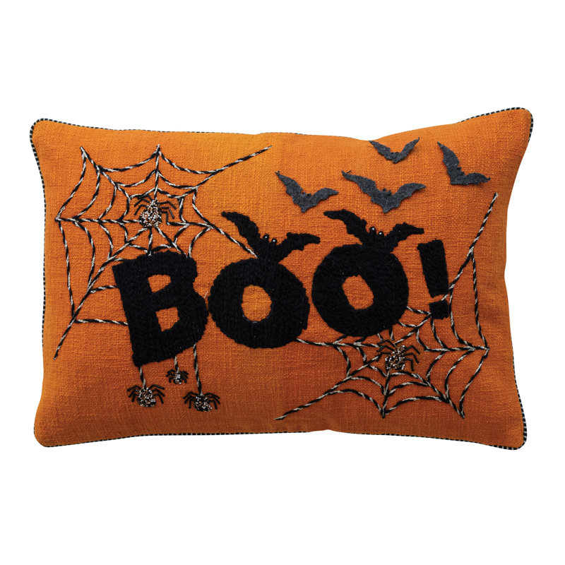 Coussin lombaire en coton flammé avec toiles d'araignées, chauves-souris et broderies