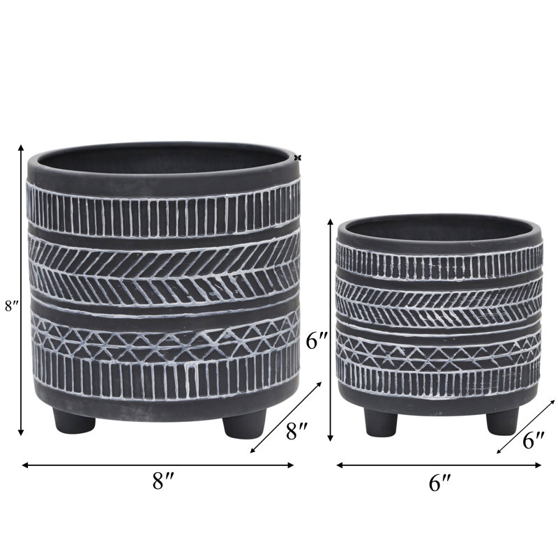 Charmayne Stoneware Ceramic Planter Set with Textured Design and Footed Base - Set of 2, Black