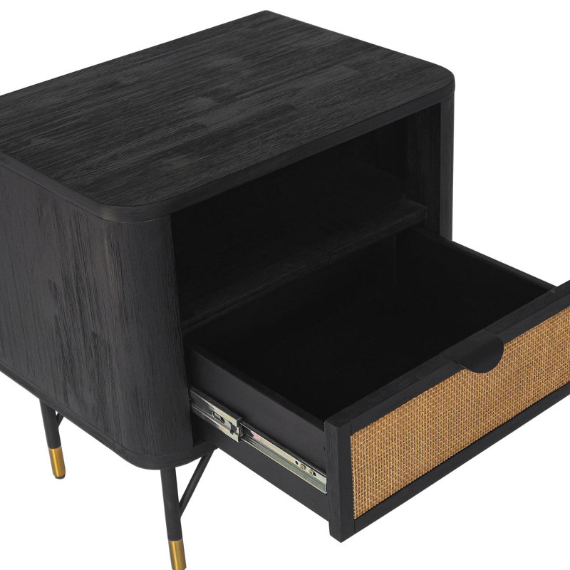 Table de chevet Saratoga en acacia noir avec rotin