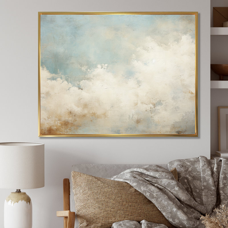 Nuage de minimalisme beige sur toile, 30" H x 40" W x 1.5" D, Cadre flottant doré