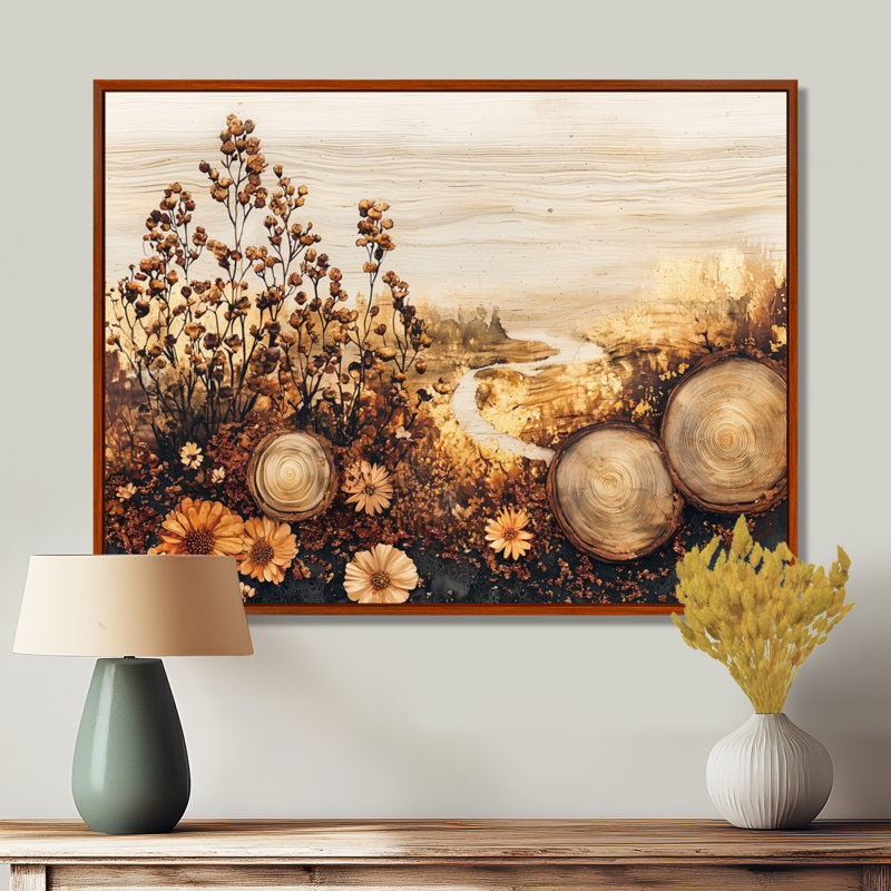 Gracee - Floral Wall Art, H 16 po x l 32 po, Cadre flottant, Brun