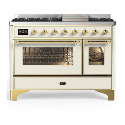 Cuisinière à double combustible de 48 pouces avec 5 brûleurs scellés de la série Majestic III en blanc antique (gaz naturel, garniture en laiton)
