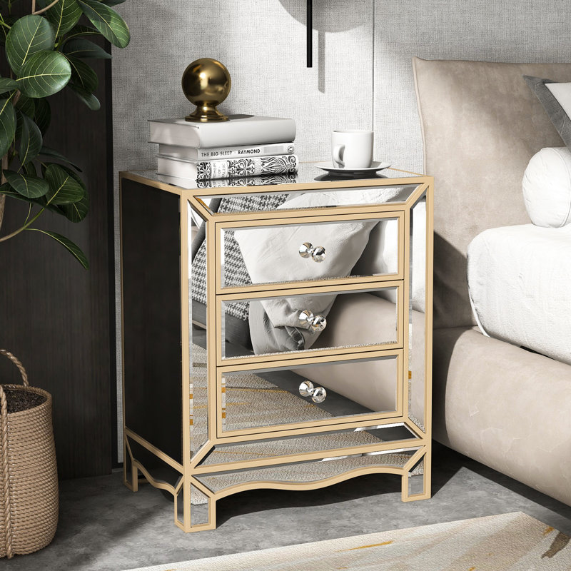 Commode 3 tiroirs Champagne Fait de verre épais. Idéal pour les salons, les chambres à coucher et les canapés. Résistance aux hautes températures, entretien facile. Comprend une poignée en cristal et un rail de guidage lisse.