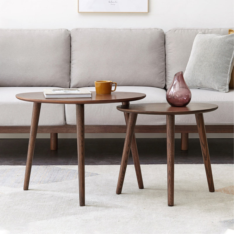 (SINGLE) Table basse de table centrale 100% chêne massif avec plateau et plateau en bois de galet, facile à assembler