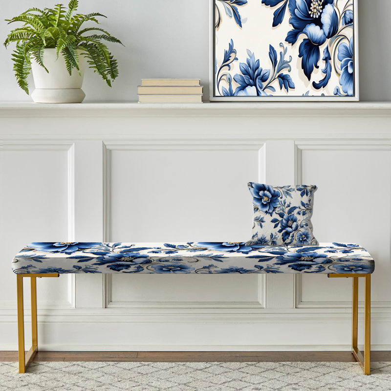 Banc rembourré damassé doré, Motif victorien de mosaïques cobalt