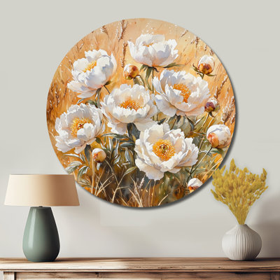 Pivoines dans un champ d'automne chaleureux I - pivoines rondes, décoration murale en métal