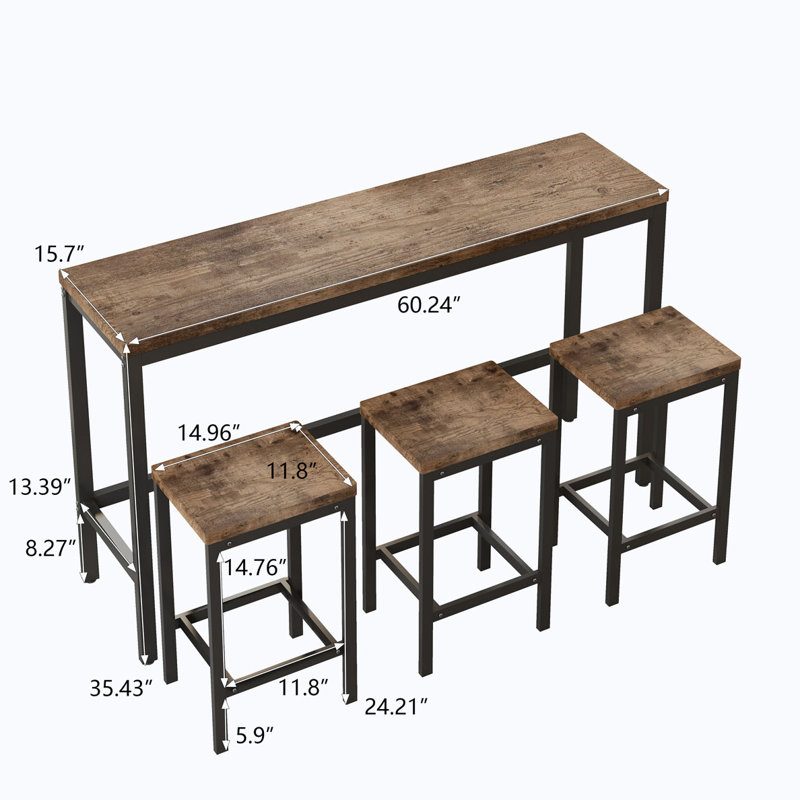 Long Dining Table Set with 3 Stools, Natural