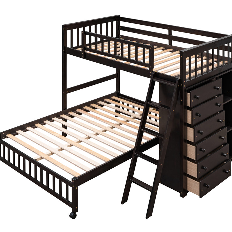 Lit superposé simple au-dessus d'un lit double en bois avec 6 compartiments et système de tablettes personnalisables - Design coloré, 6 tiroirs, tablettes polyvalentes