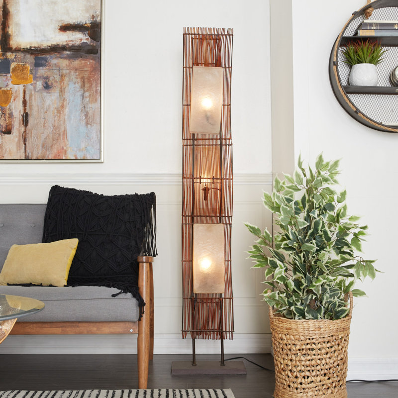 Belltown Bamboo Wood Wavy Brown Floor Lamp with Cream Lamp Shades