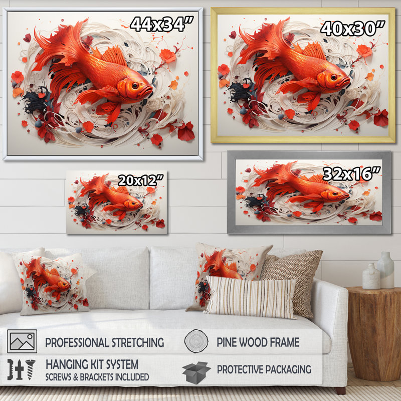 Kois rouge et gris nageant avec sérénité sur toile, Cadre simple noir, H 12 po x l 20 po x P 1 po