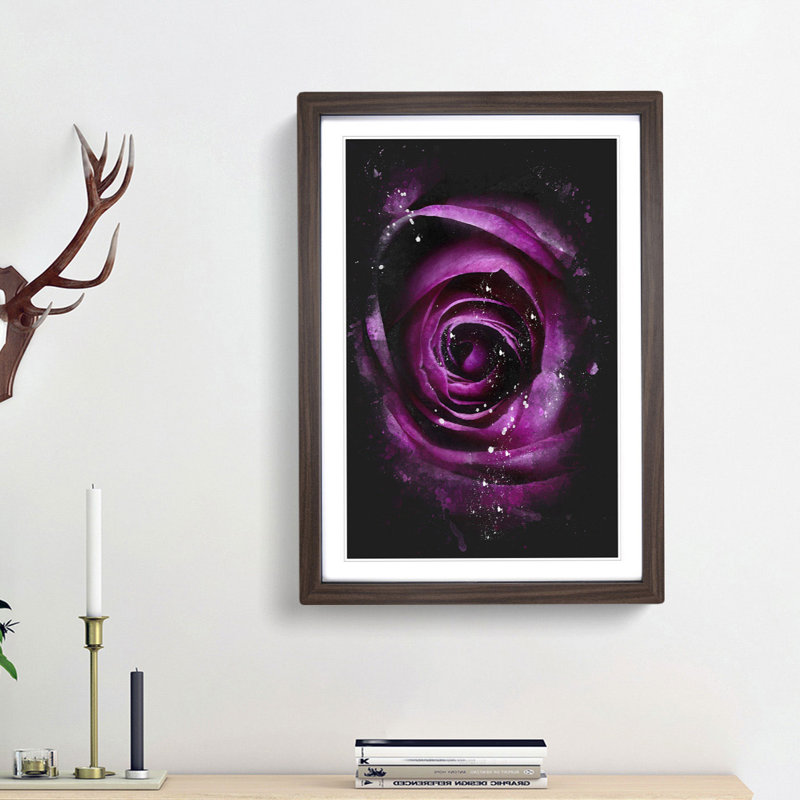 Striking Purple Rose - Picture Frame Painting Print, 45cm H x 33cm W x 2cm D, Walnut Framed