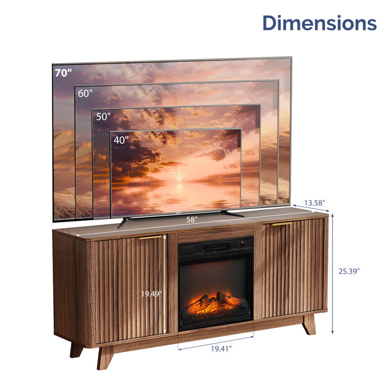 Farmhouse 58'' TV Stand For Tvs Up To 70'' With Electric Fireplace And 2-Door, Walnut