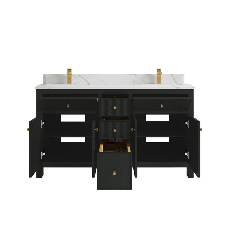 Meuble-lavabo double 60 po avec plateau en quartz Sonoma, Empira, Noir