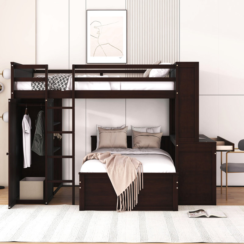Lit mezzanine double avec lit simple Comprend des tablettes, un bureau et une armoire. Fabrication. Maximisez l'espace. Pas de sommier tapissier. Finition l 94,8 po x l 78,7 po x H 65 po. Vient d'optimiser l'utilisation de l'espace. Bois massif