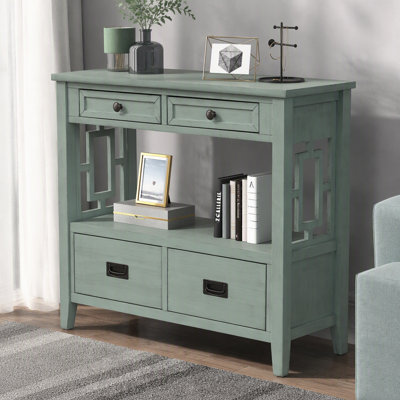 Console de style champêtre en pin de 91 cm (36 po) avec 4 tiroirs et 1 tablette de rangement pour entrée, salon, chambre, couloir ou cuisine (bleu rétro)