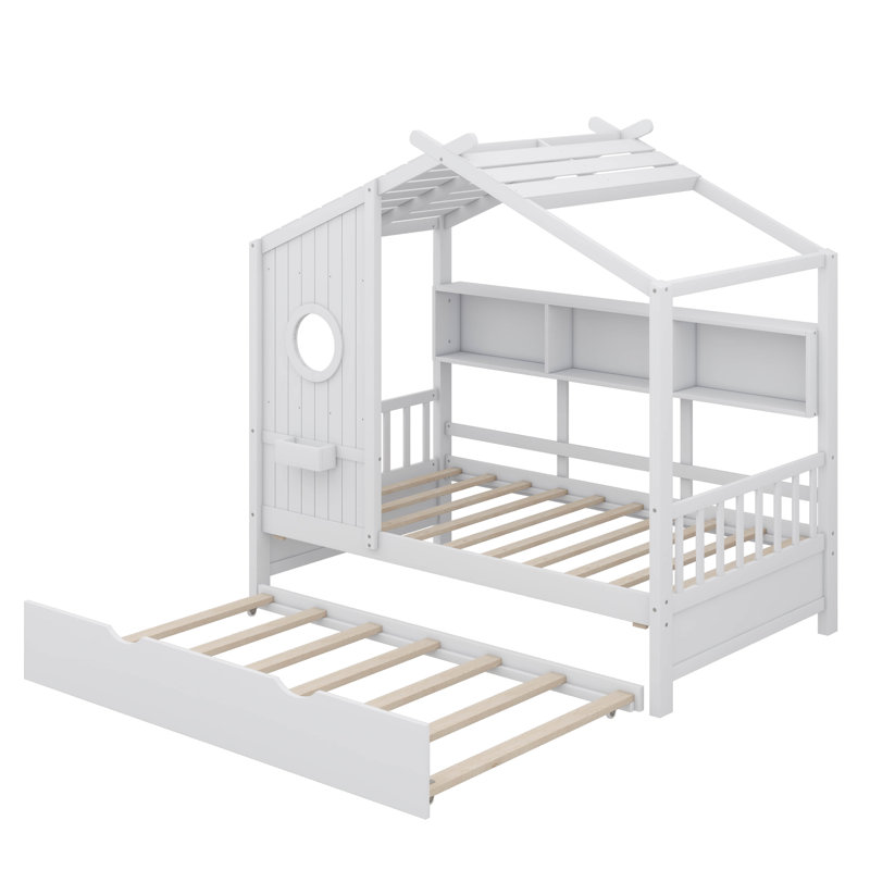 Lit simple en bois moderne avec lit gigogne et tablette de rangement, Simple, Blanc
