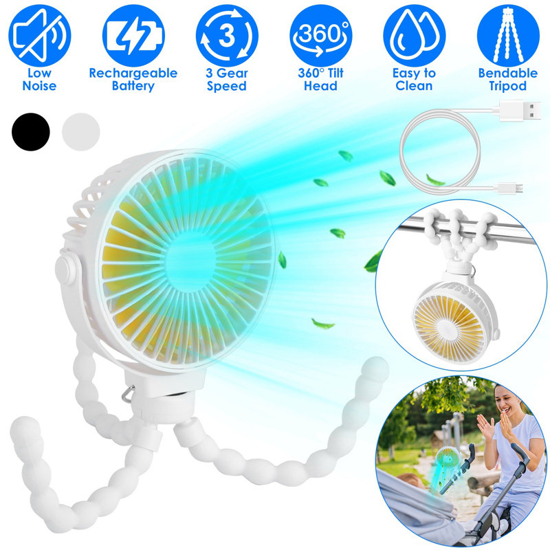 Portable Baby Stroller Rechargeable Handheld Fan with Flexible Tripod Clip On Desktop, White