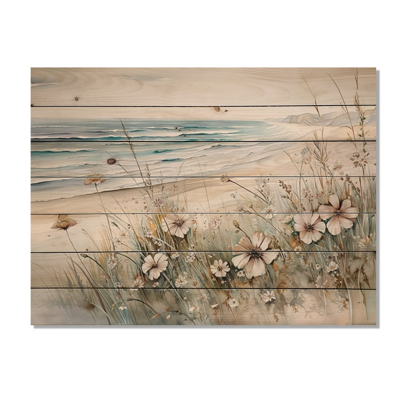 Fleurs sauvages sur la plage - Art mural en bois sur bois de pin naturel, H 30 po x l 40 po