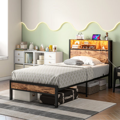 Twin Size Bed Frame With Metal Headboard Storage, Charging Ports, Smart , And , Under Storage Space Platform Headboard, Function, Led, Quiet Design,