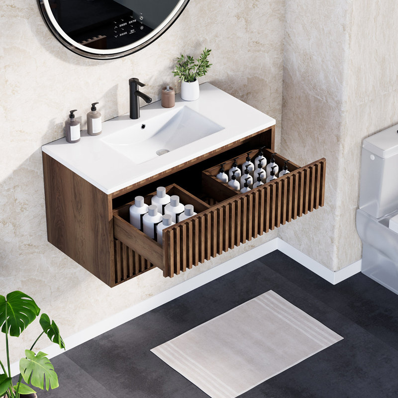 36" Floating Bathroom Vanity with Sink Combo – Wall-Mounted Cabinet with 2 Fluted Drawers, Silent Slides, Faucet, and Adjustable Drainpipe in Walnut