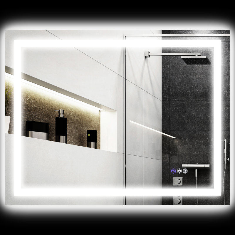 Miroir de salle de bain 39 po x 32 po à DEL, brouillard, lumières à intensité variable, rétroéclairé à l'avant, température de couleur personnalisable, fixation murale, mémoire pour une séance de toilettage transformatrice