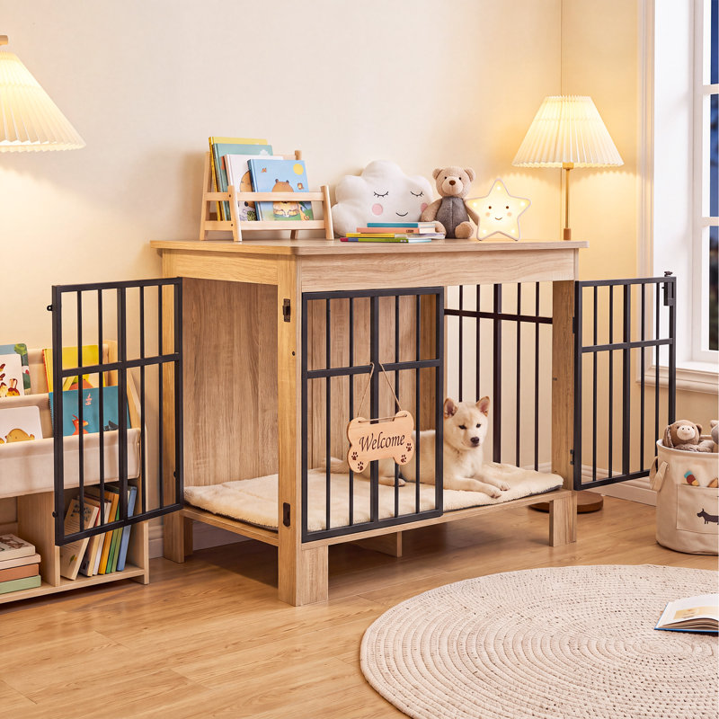 85 cm Dog Crate Furniture, Double Door Dog Cage with Welcome Sign & Side Hook for Small & Medium Dogs, Wood